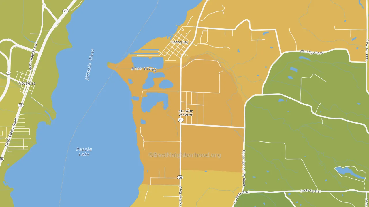 Map of the best neighborhoods in the Bay View Gardens area, with better matches in green and worse matches in red