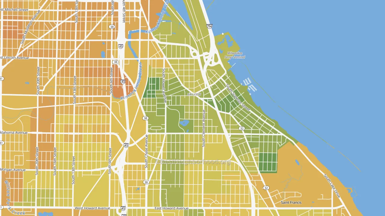 Map of the best neighborhoods in the Bay View, Milwaukee area, with better matches in green and worse matches in red