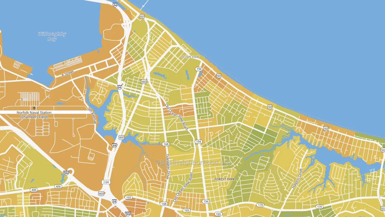 Map of the best neighborhoods in the Bay View, Norfolk area, with better matches in green and worse matches in red