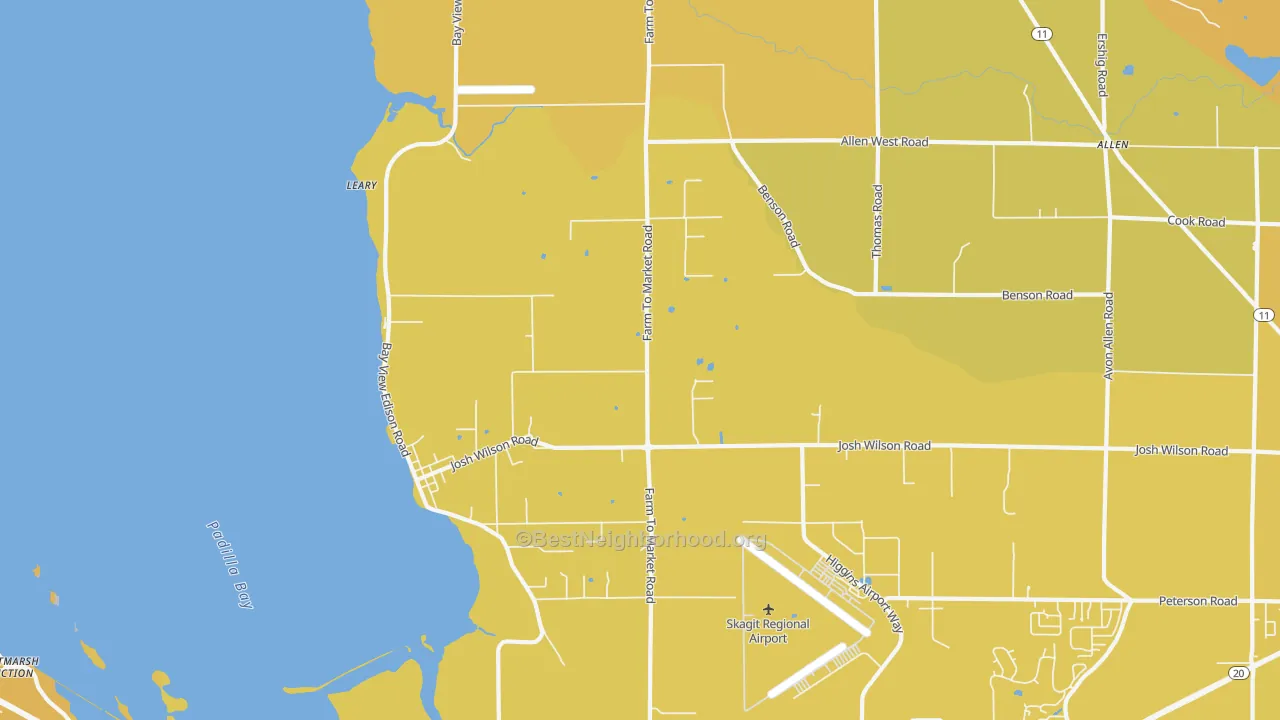 Map of the best neighborhoods in the Bay View area, with better matches in green and worse matches in red