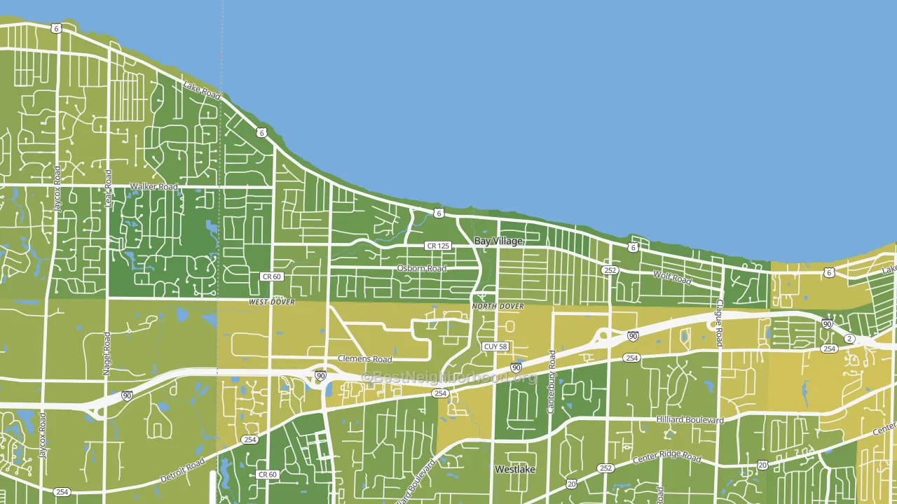 Map of the best neighborhoods in the Bay Village area, with better matches in green and worse matches in red