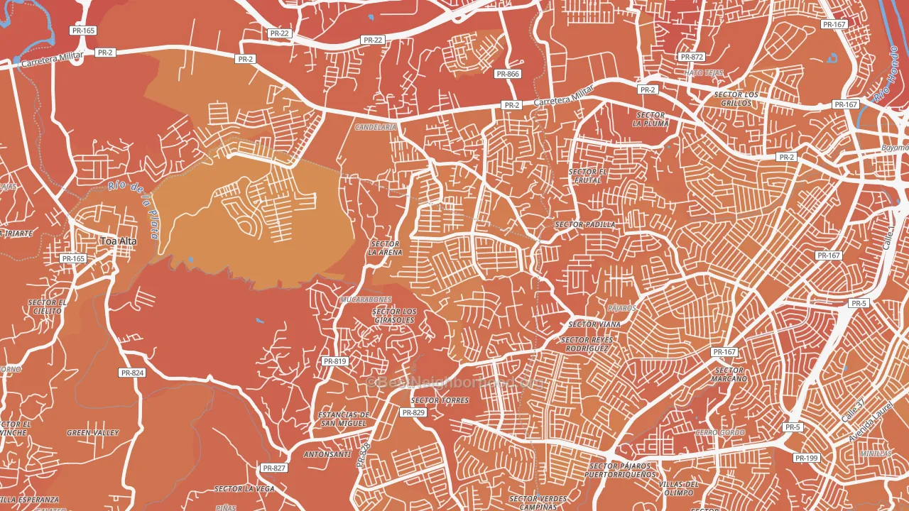 Map of the best neighborhoods in the Bayamon Gardens area, with better matches in green and worse matches in red