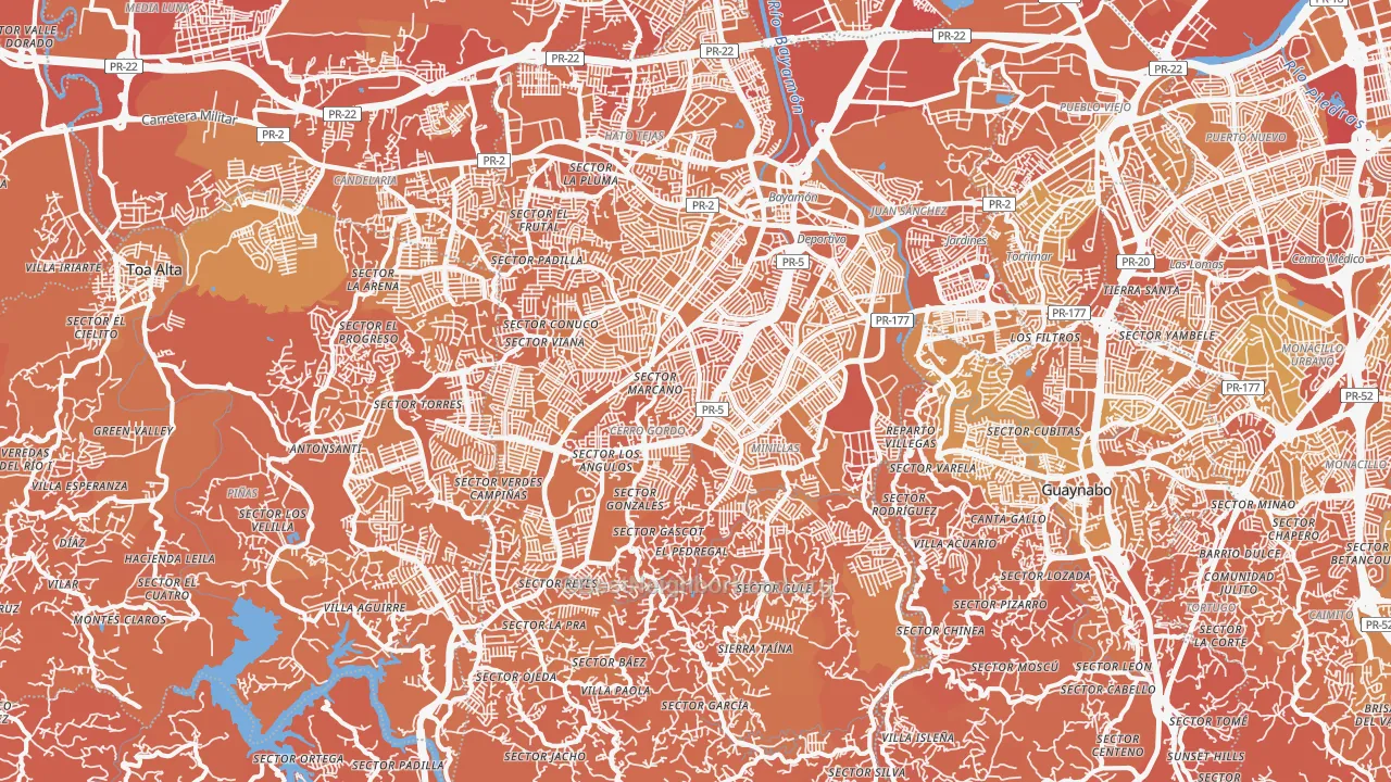 Map of the best neighborhoods in the Bayamon Municipio area, with better matches in green and worse matches in red