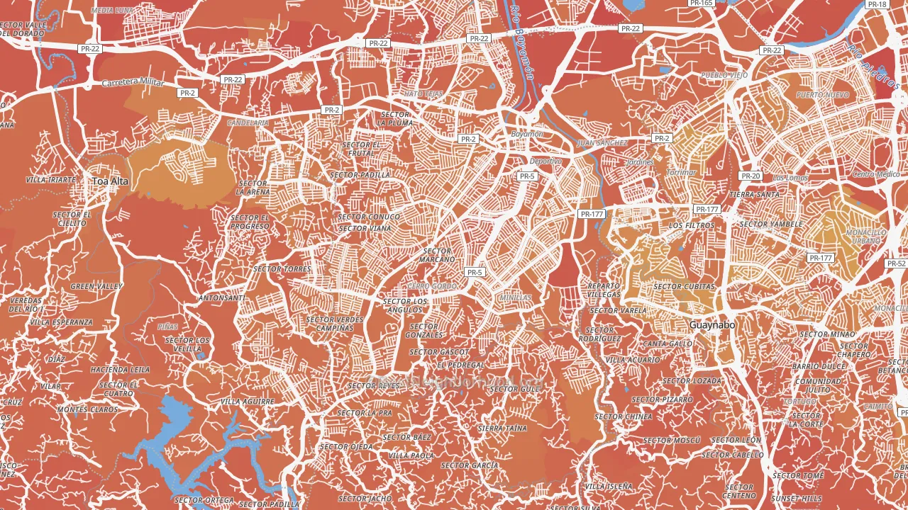 Map of the best neighborhoods in the Bayamon area, with better matches in green and worse matches in red