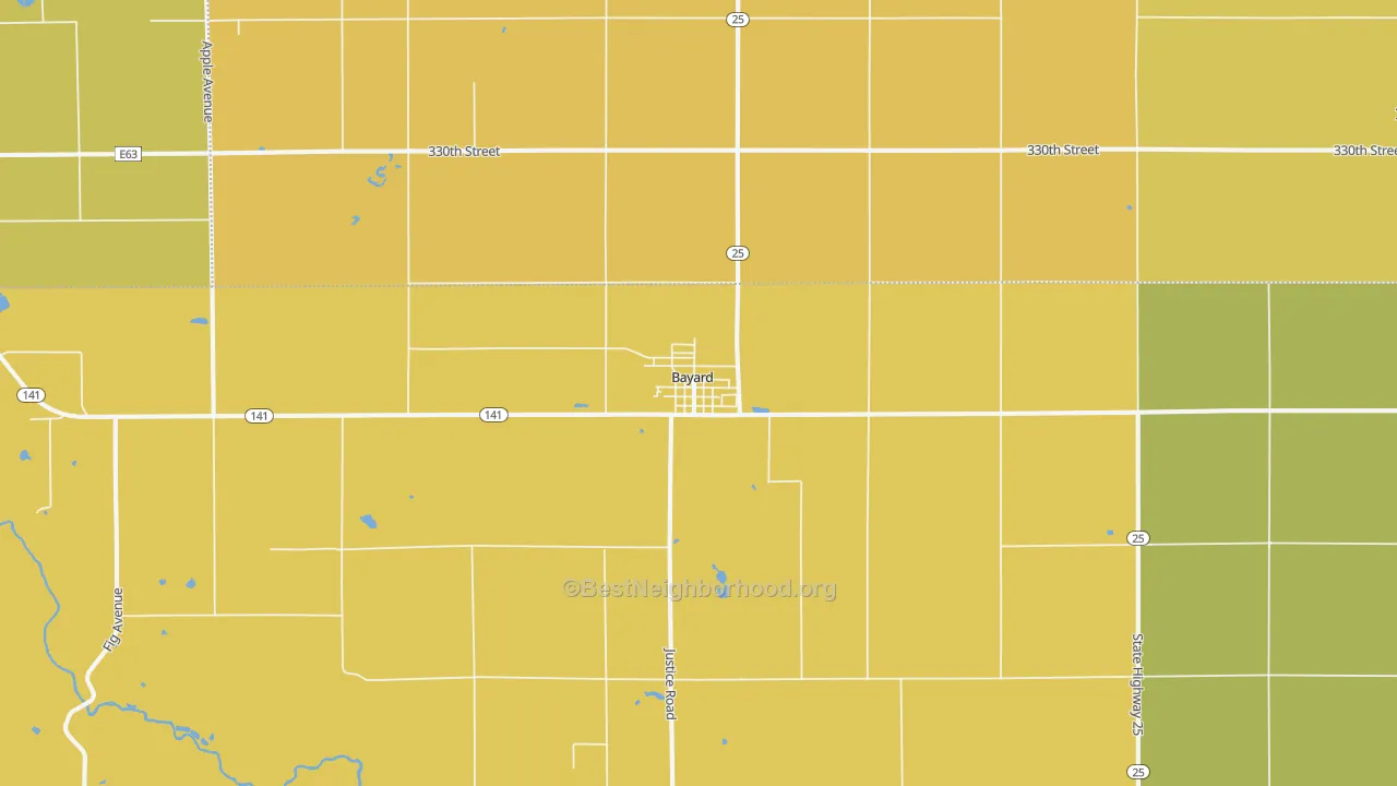 Map of the best neighborhoods in the Bayard area, with better matches in green and worse matches in red