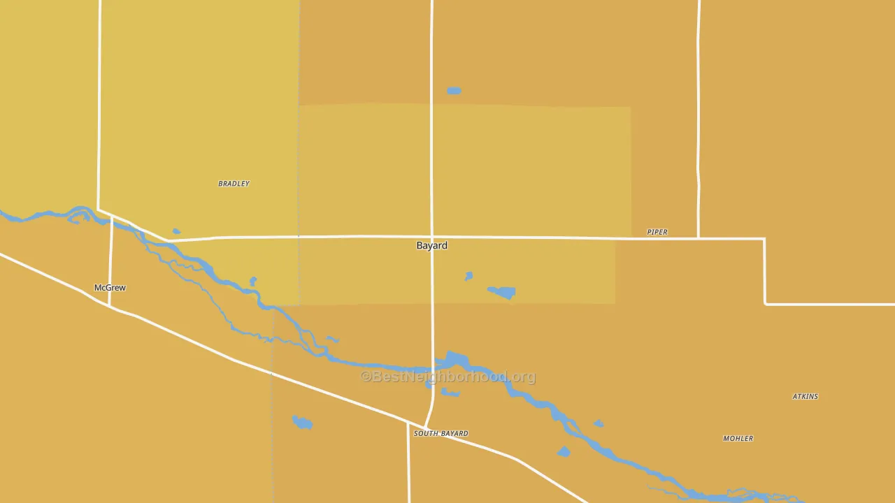 Map of the best neighborhoods in the Bayard area, with better matches in green and worse matches in red