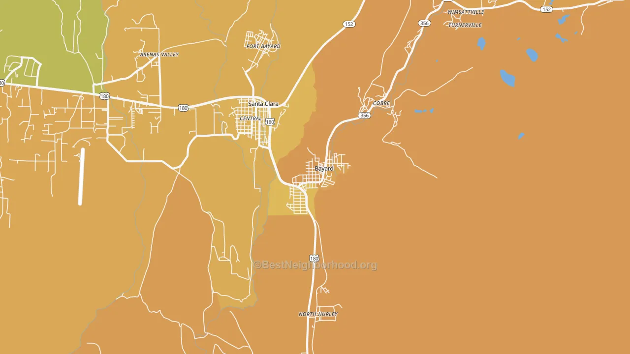 Map of the best neighborhoods in the Bayard area, with better matches in green and worse matches in red