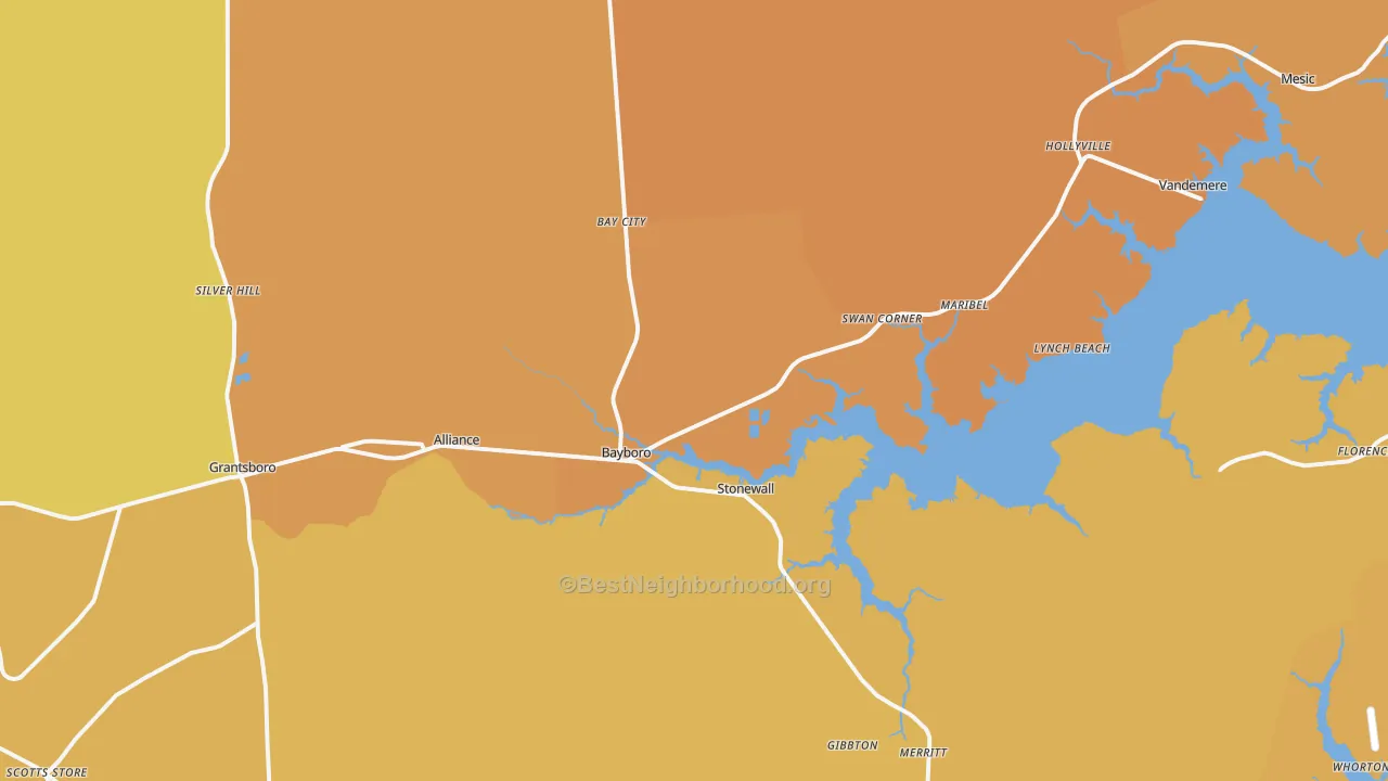 Map of the best neighborhoods in the Bayboro area, with better matches in green and worse matches in red
