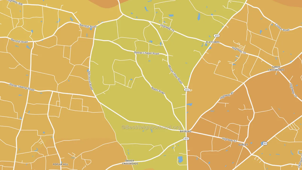 Map of the best neighborhoods in the Bayboro area, with better matches in green and worse matches in red