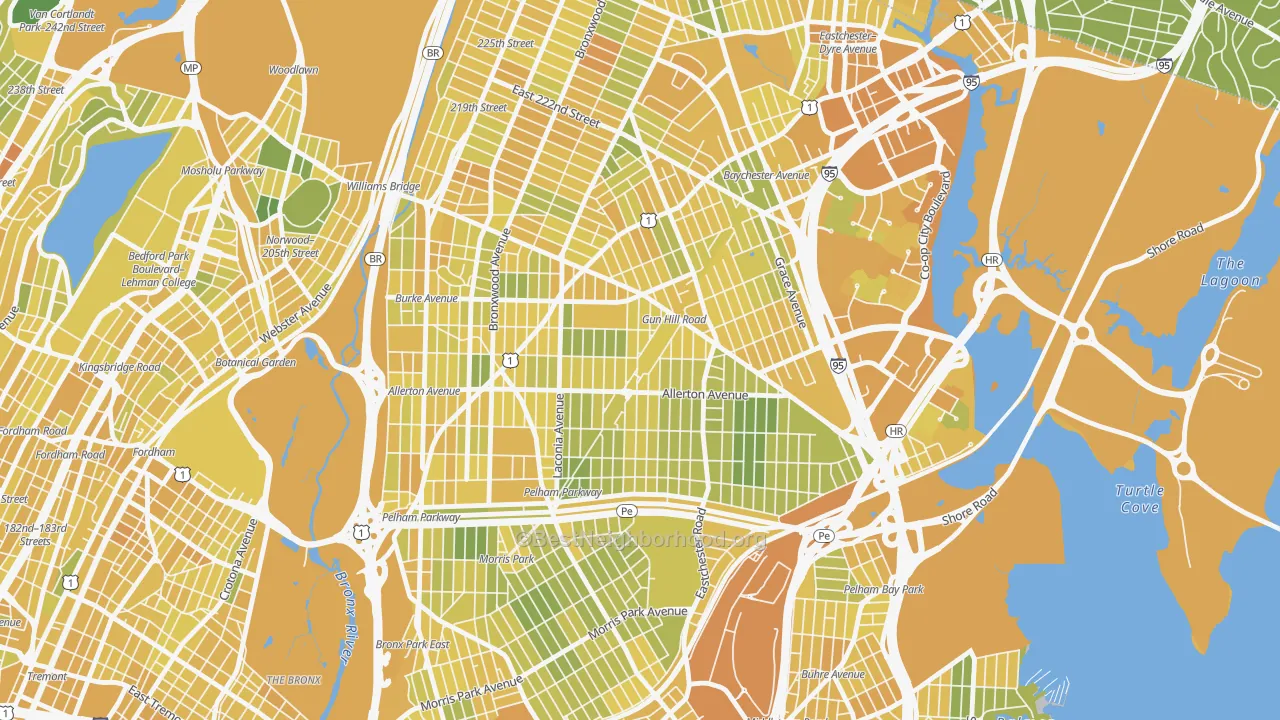 Map of the best neighborhoods in the Baychester, Bronx area, with better matches in green and worse matches in red