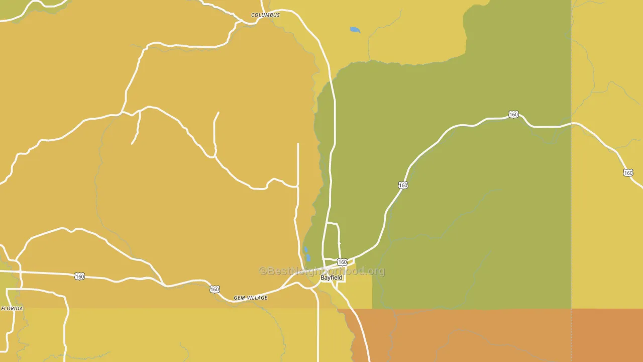Map of the best neighborhoods in the Bayfield area, with better matches in green and worse matches in red