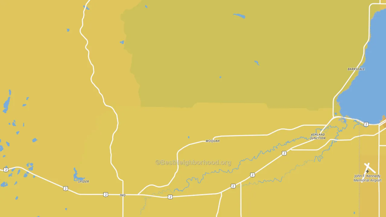 Map of the best neighborhoods in the Bayfield County area, with better matches in green and worse matches in red
