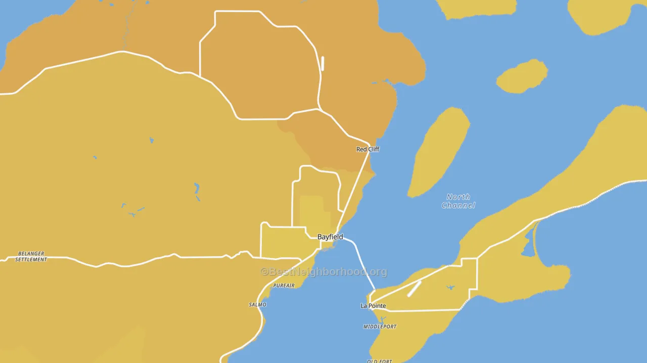 Map of the best neighborhoods in the Bayfield area, with better matches in green and worse matches in red