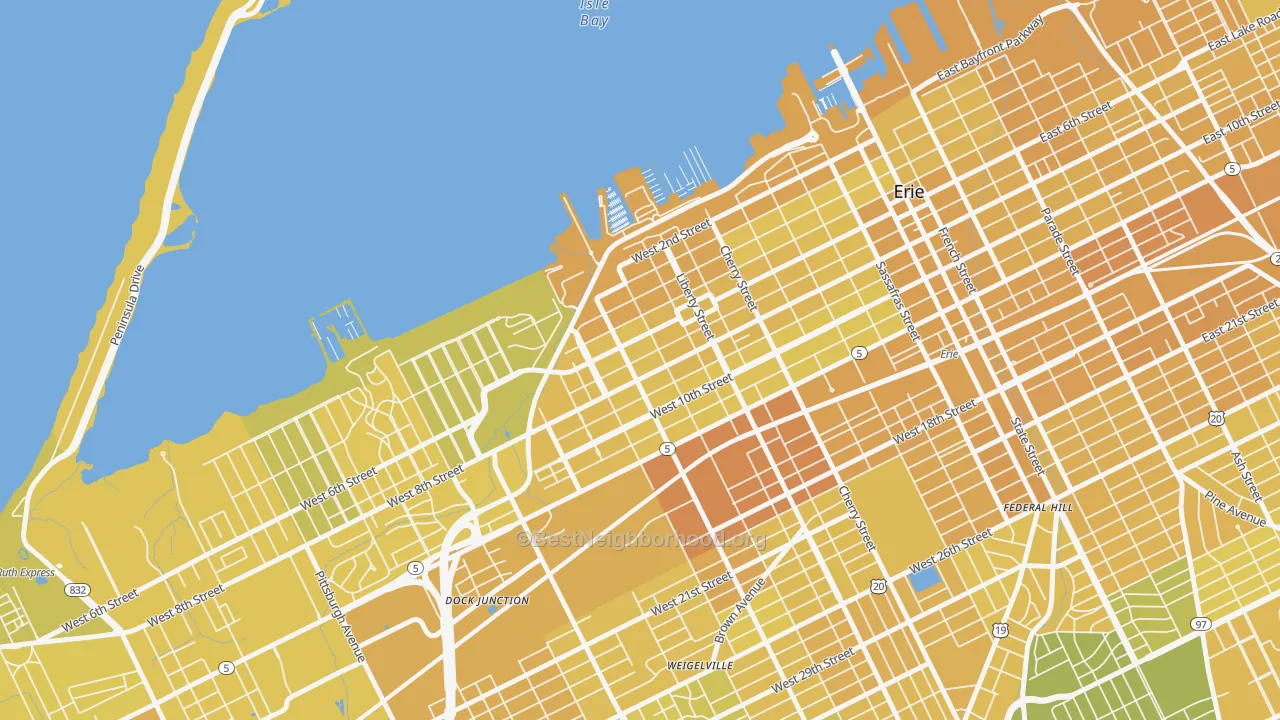 Map of the best neighborhoods in the Bayfront, Erie area, with better matches in green and worse matches in red