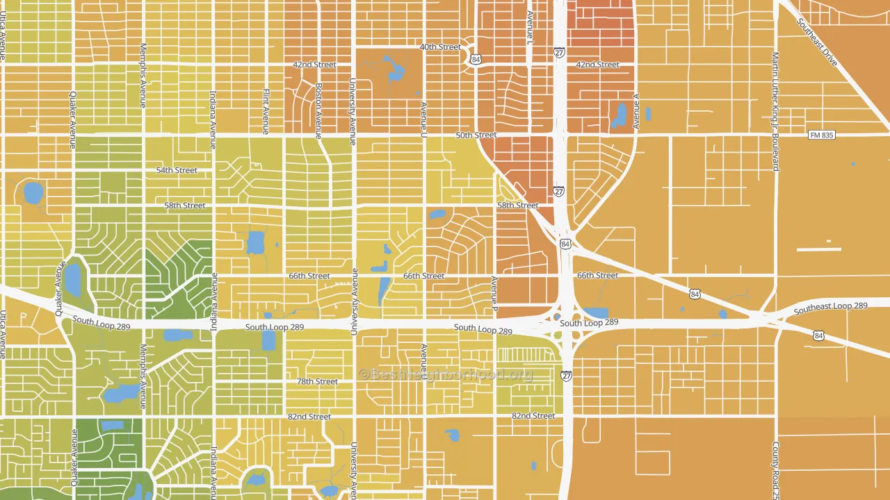 Map of the best neighborhoods in the Bayless Atkins, Lubbock area, with better matches in green and worse matches in red