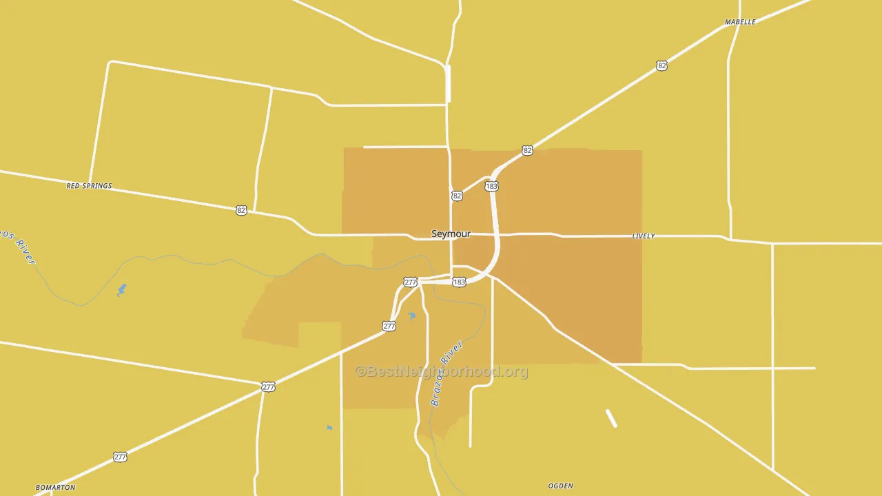 Map of the best neighborhoods in the Baylor County area, with better matches in green and worse matches in red