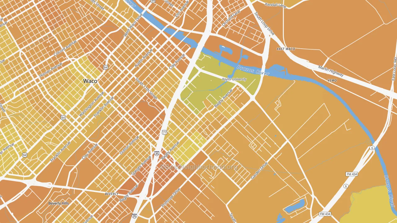 Map of the best neighborhoods in the Baylor, Waco area, with better matches in green and worse matches in red