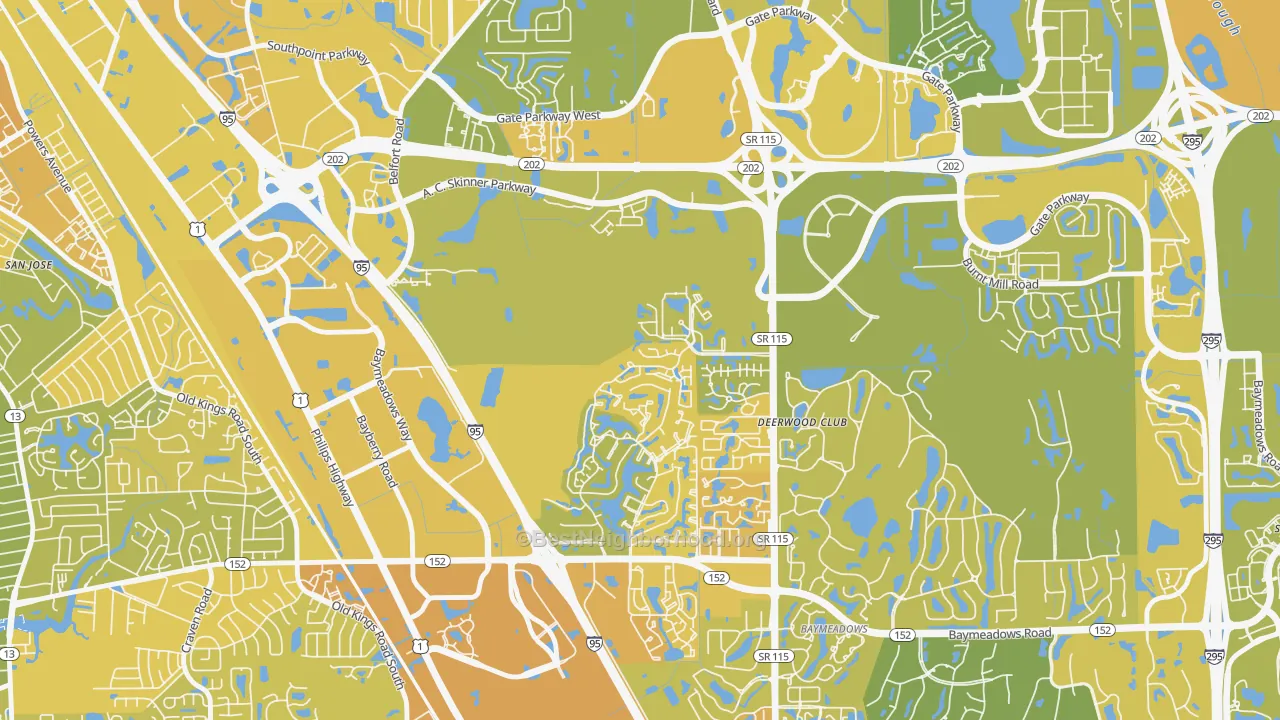 Map of the best neighborhoods in the Baymeadows, Jacksonville area, with better matches in green and worse matches in red
