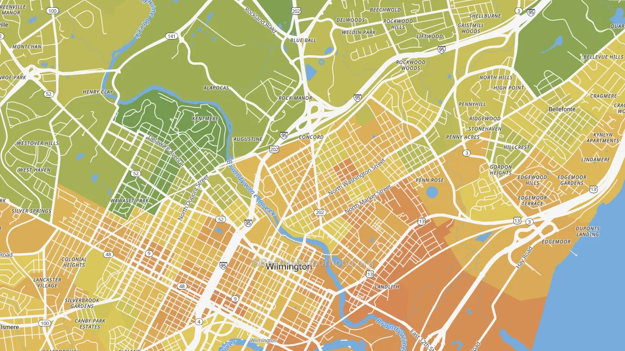 Map of the best neighborhoods in the Baynard Village, Wilmington area, with better matches in green and worse matches in red