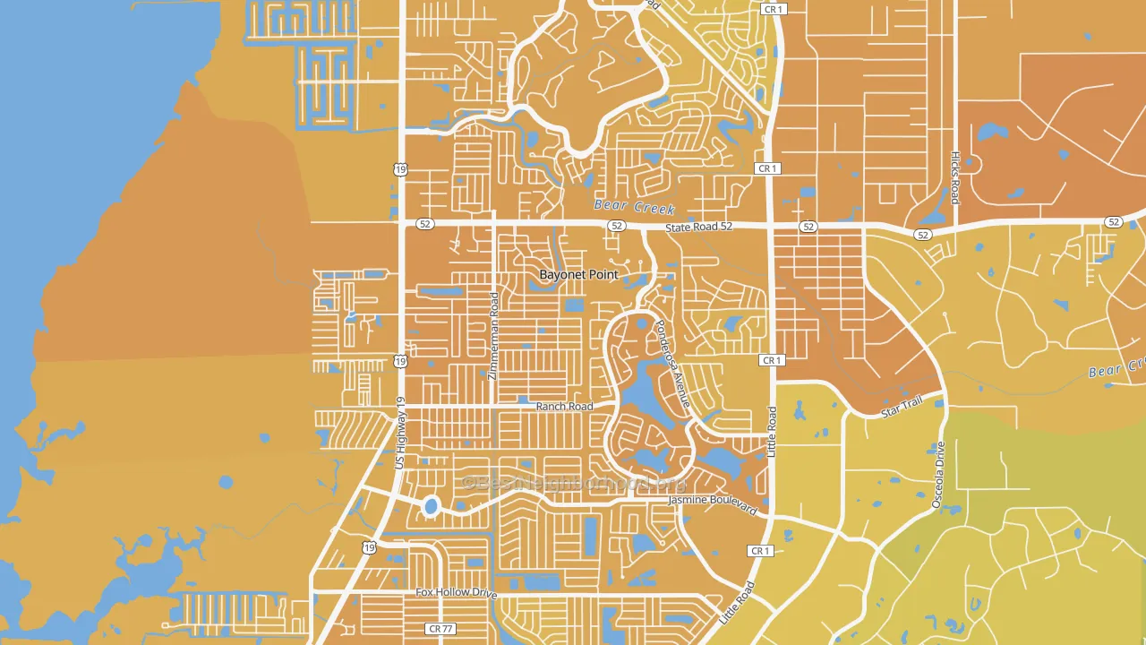 Map of the best neighborhoods in the Bayonet Point area, with better matches in green and worse matches in red