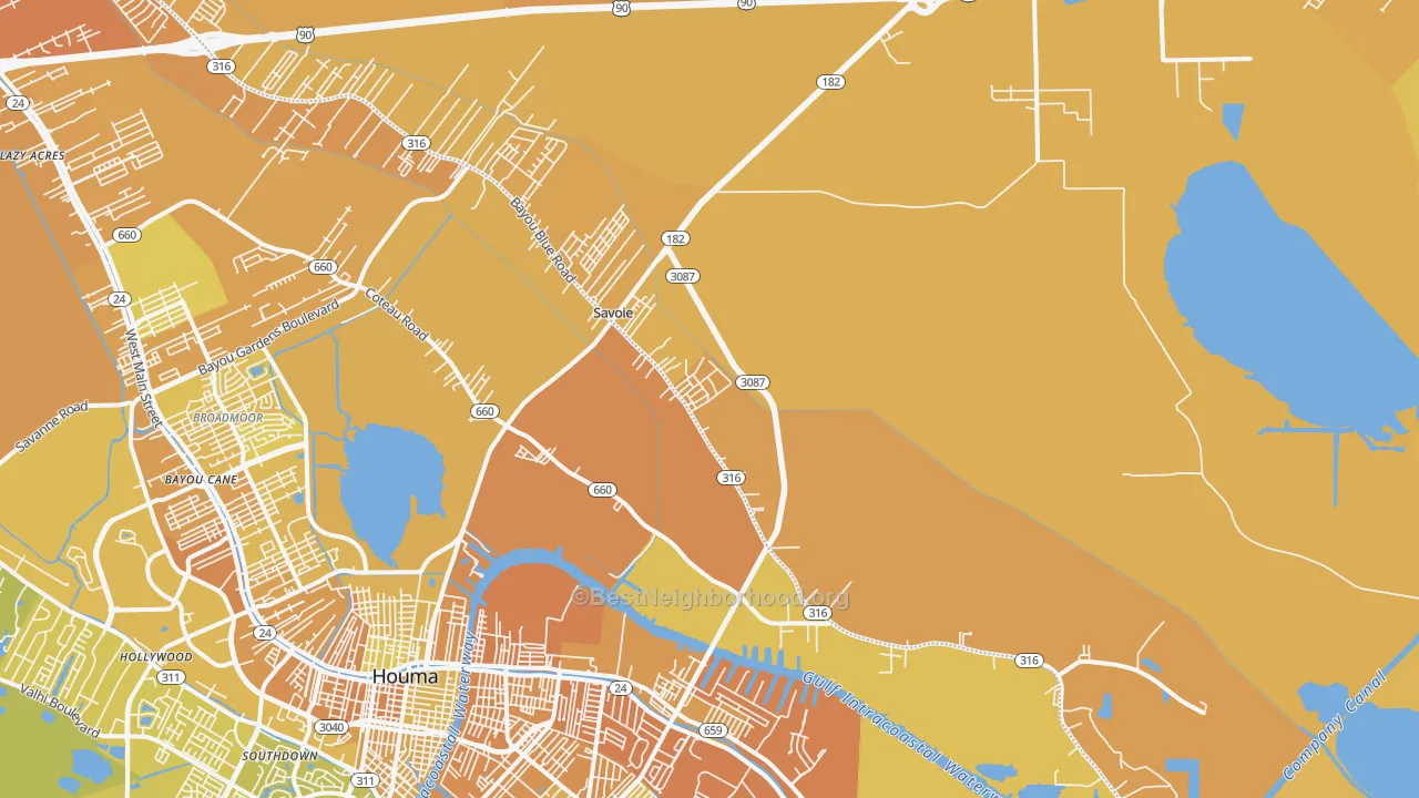 Map of the best neighborhoods in the Bayou Blue area, with better matches in green and worse matches in red