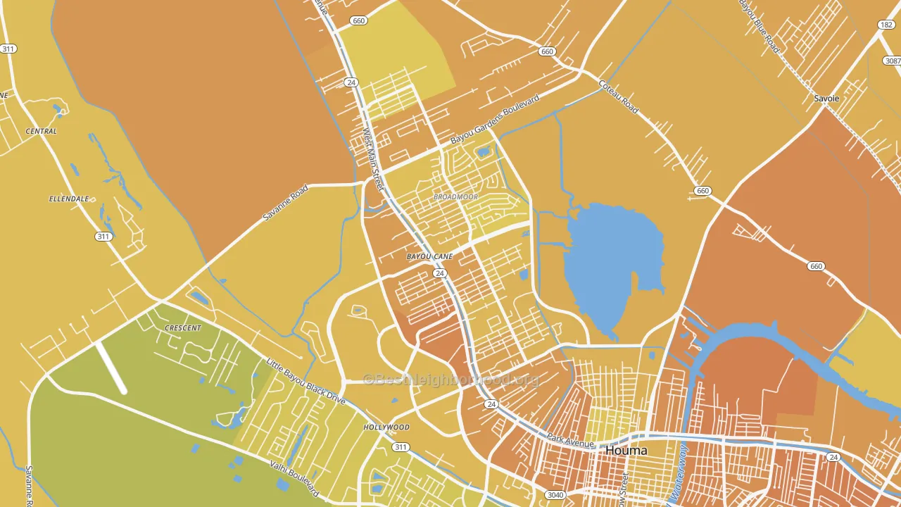 Map of the best neighborhoods in the Bayou Cane area, with better matches in green and worse matches in red