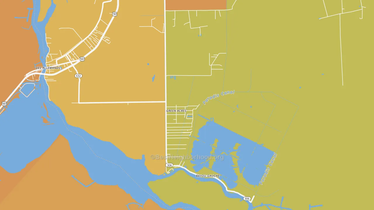 Map of the best neighborhoods in the Bayou Gauche area, with better matches in green and worse matches in red