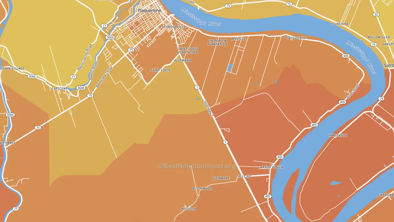 Map of the best neighborhoods in the Bayou Goula area, with better matches in green and worse matches in red