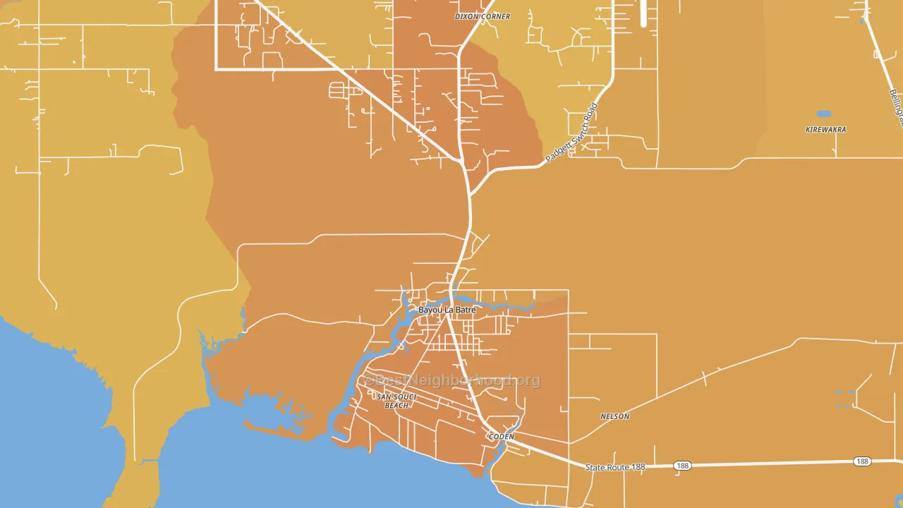 Map of the best neighborhoods in the Bayou La Batre area, with better matches in green and worse matches in red
