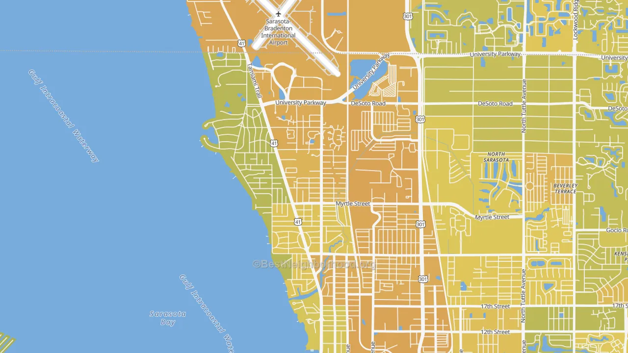 Map of the best neighborhoods in the Bayou Oaks, Sarasota area, with better matches in green and worse matches in red