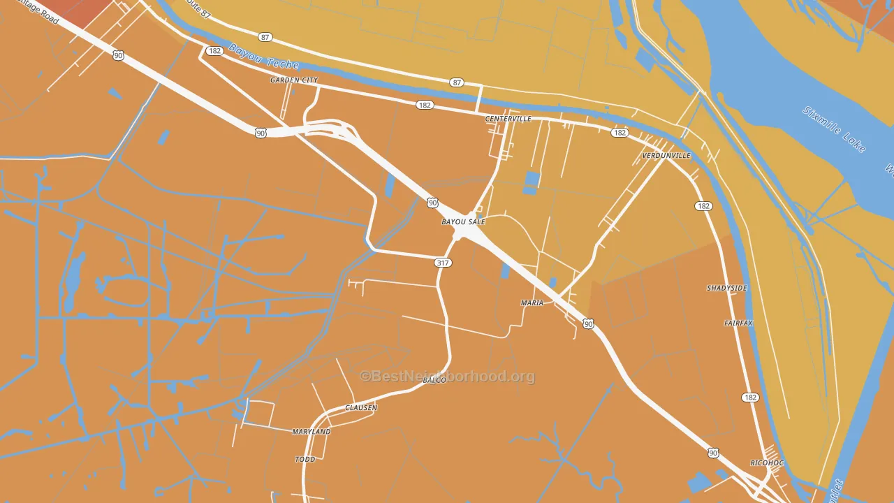 Map of the best neighborhoods in the Bayou Sale area, with better matches in green and worse matches in red