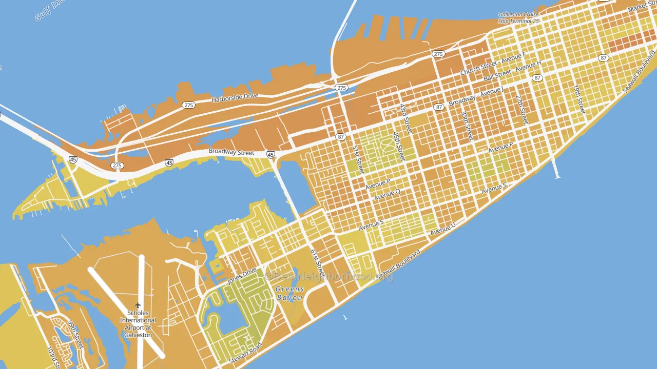Map of the best neighborhoods in the Bayou Shore, Galveston area, with better matches in green and worse matches in red