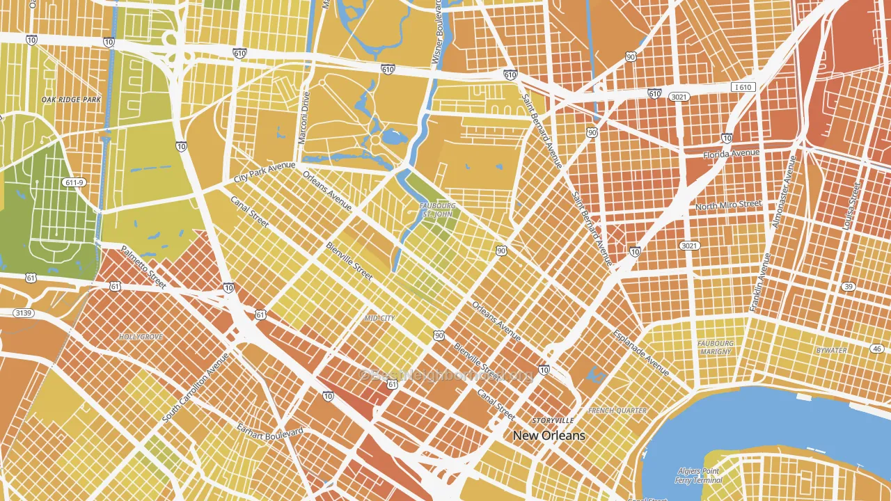 Map of the best neighborhoods in the Bayou St John, New Orleans area, with better matches in green and worse matches in red