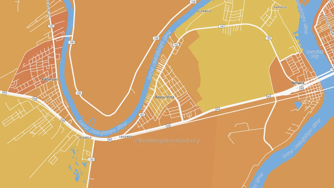 Map of the best neighborhoods in the Bayou Vista area, with better matches in green and worse matches in red