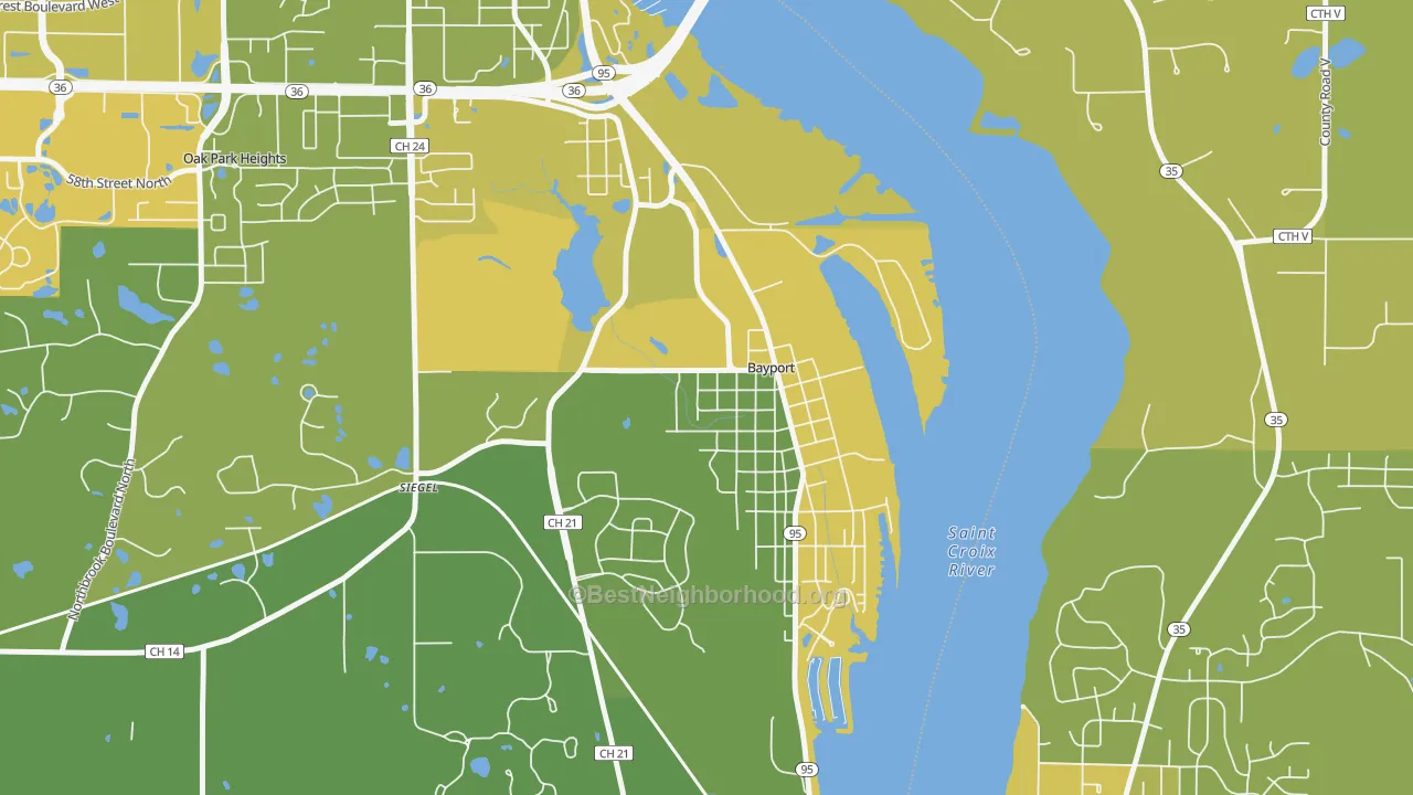 Map of the best neighborhoods in the Bayport area, with better matches in green and worse matches in red