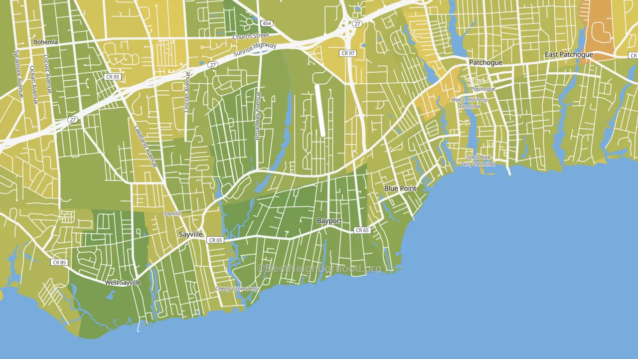 Map of the best neighborhoods in the Bayport area, with better matches in green and worse matches in red