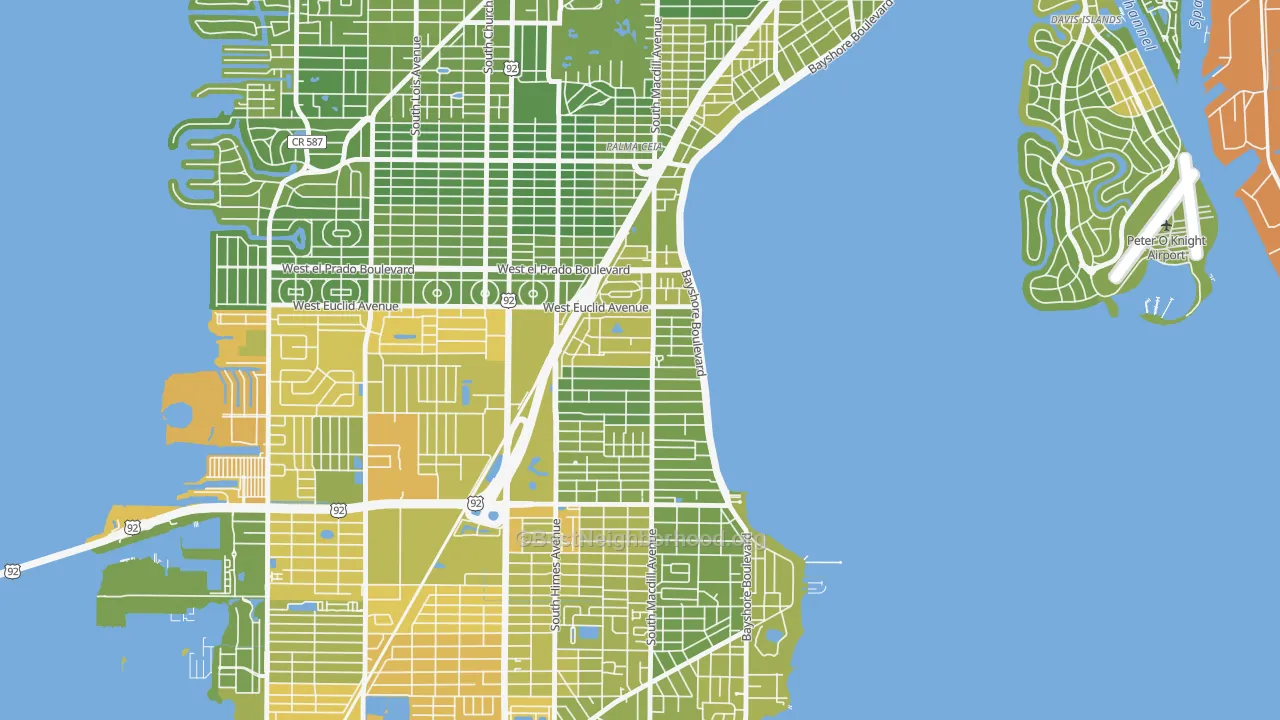 Map of the best neighborhoods in the Bayshore Beautiful, Tampa area, with better matches in green and worse matches in red