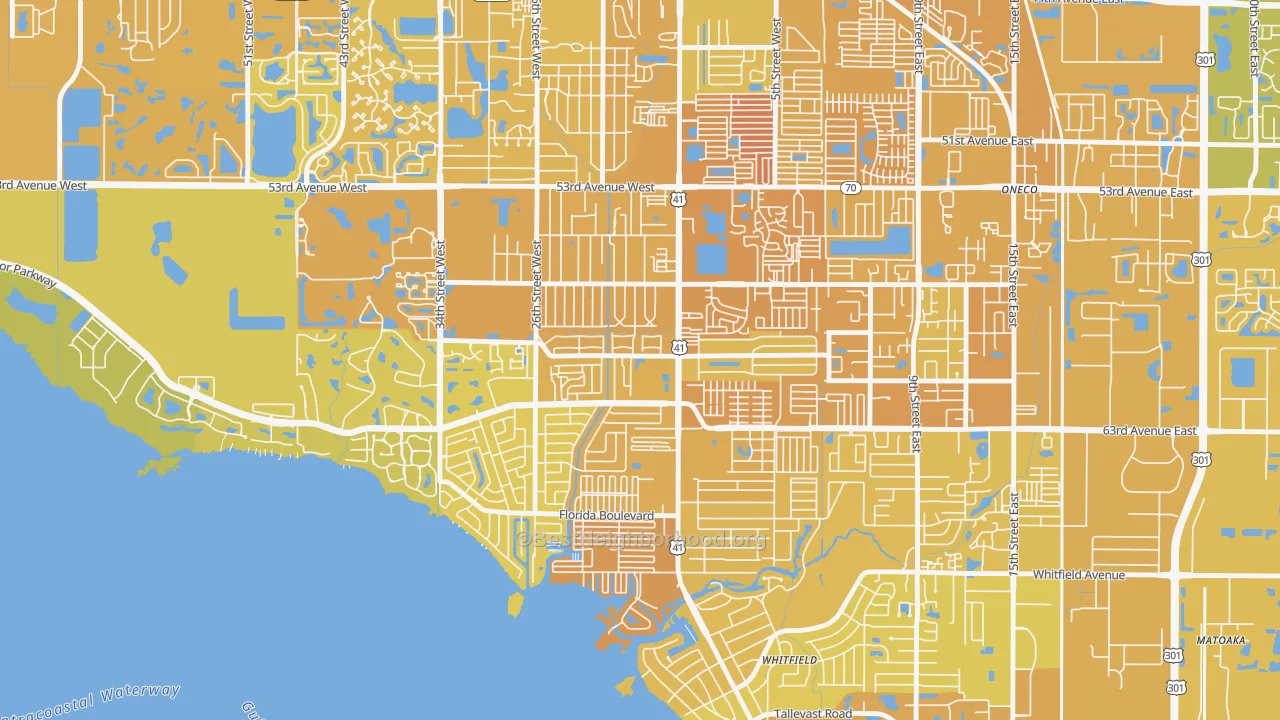 Map of the best neighborhoods in the Bayshore Gardens area, with better matches in green and worse matches in red