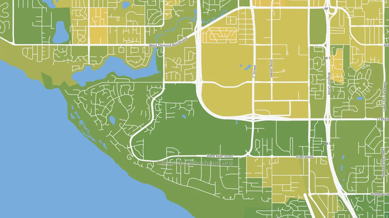Map of the best neighborhoods in the Bayshore-Klatt, Anchorage area, with better matches in green and worse matches in red