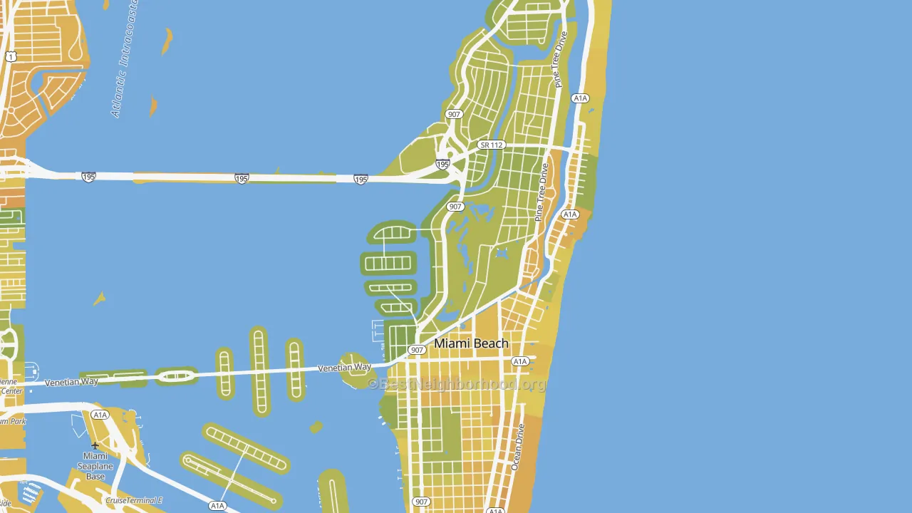 Map of the best neighborhoods in the Bayshore, Miami Beach area, with better matches in green and worse matches in red