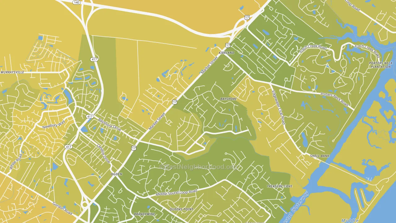 Map of the best neighborhoods in the Bayshore, Wilmington area, with better matches in green and worse matches in red