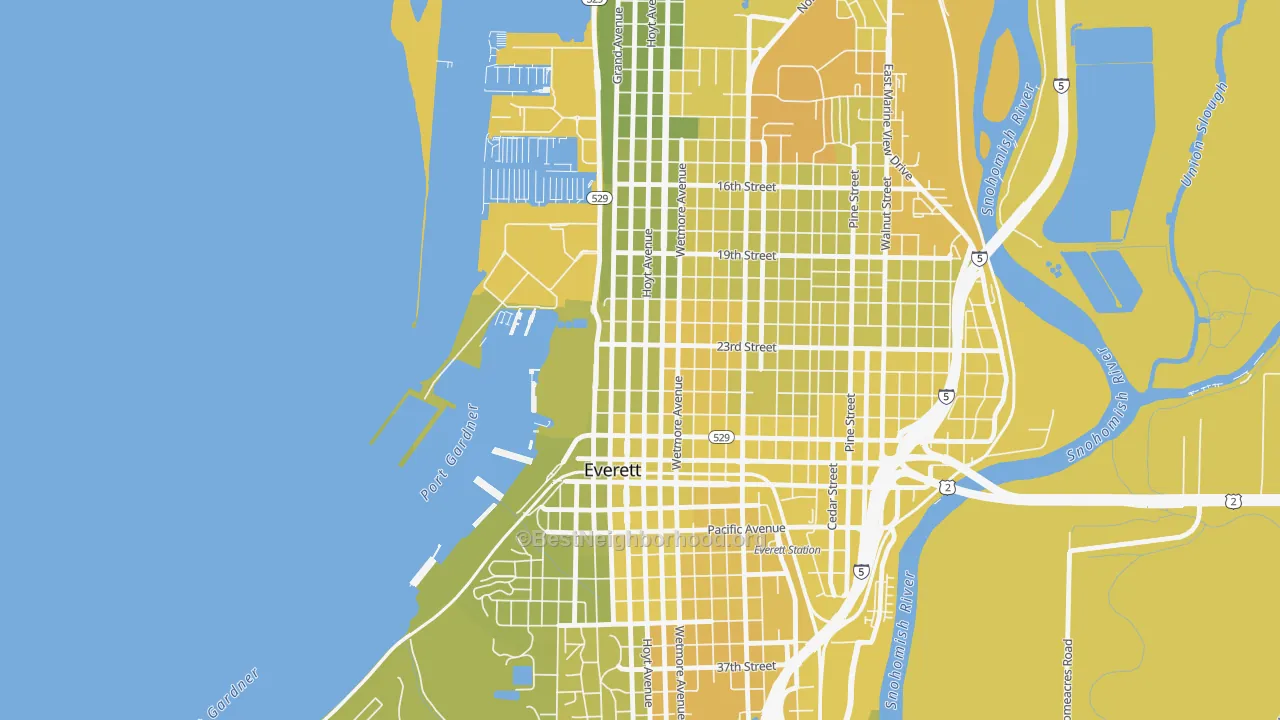 Map of the best neighborhoods in the Bayside, Everett area, with better matches in green and worse matches in red