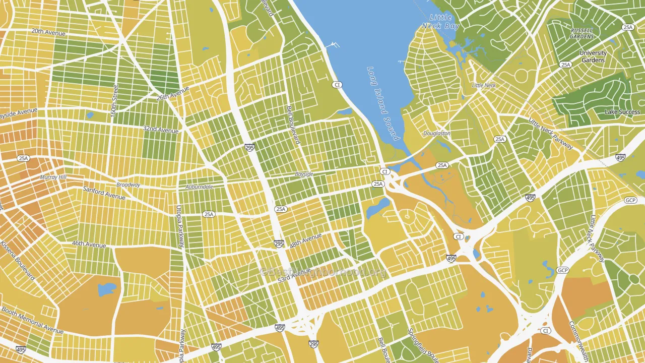 Map of the best neighborhoods in the Bayside, Queens area, with better matches in green and worse matches in red