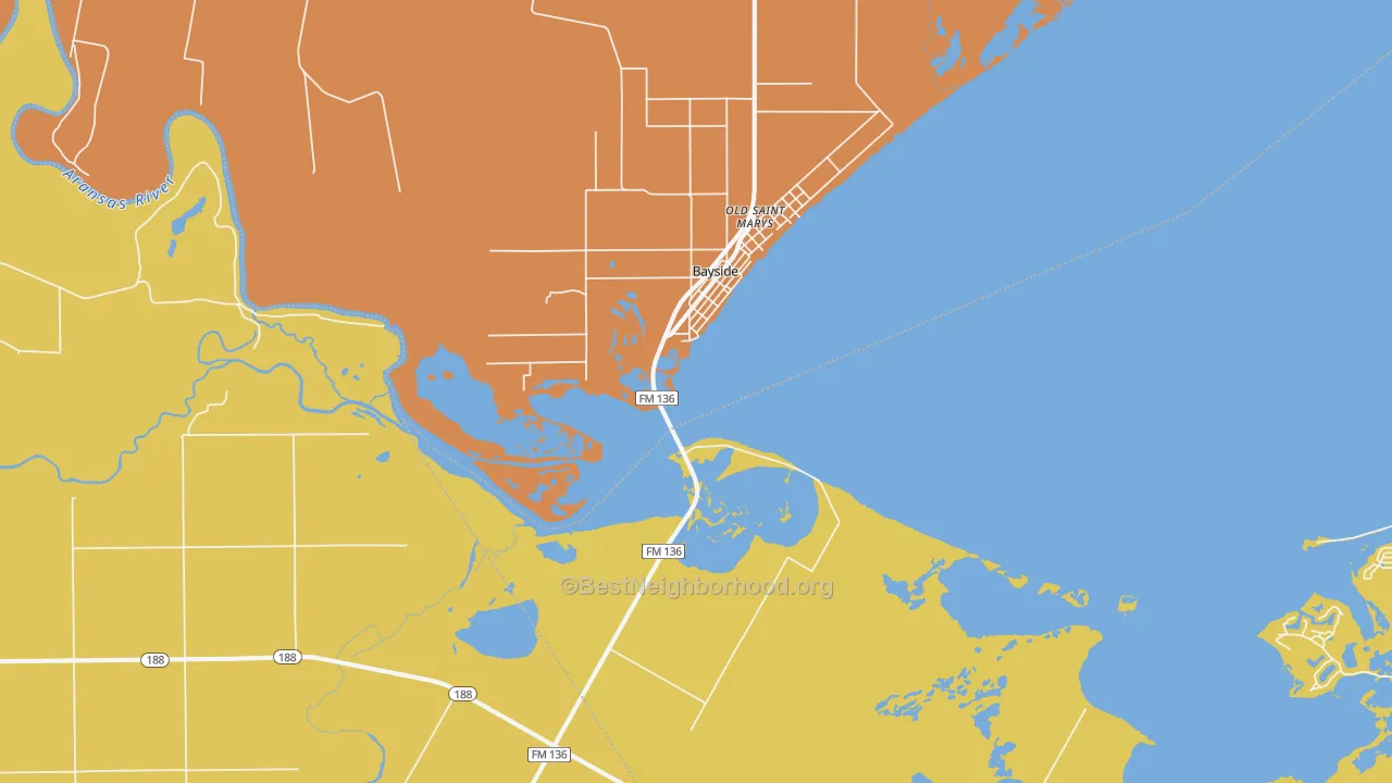 Map of the best neighborhoods in the Bayside area, with better matches in green and worse matches in red