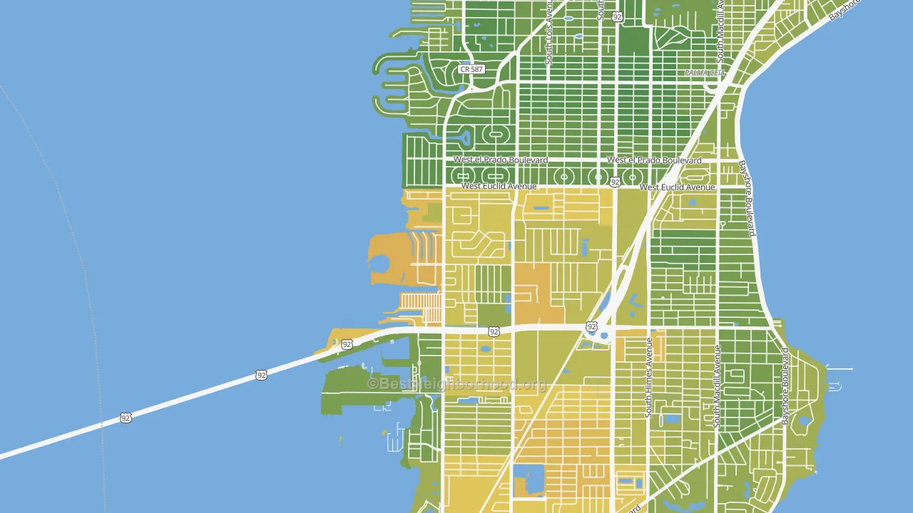 Map of the best neighborhoods in the Bayside West, Tampa area, with better matches in green and worse matches in red