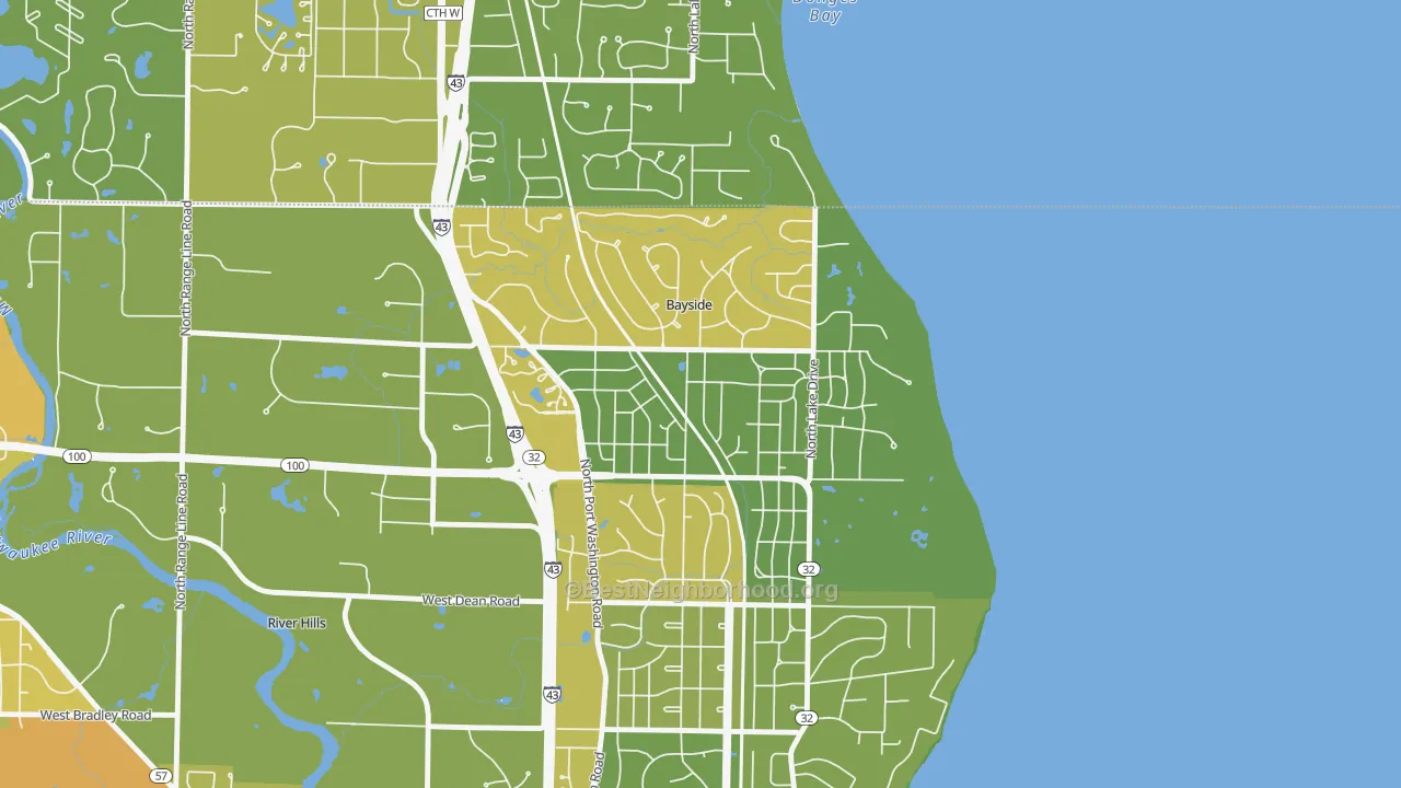 Map of the best neighborhoods in the Bayside area, with better matches in green and worse matches in red