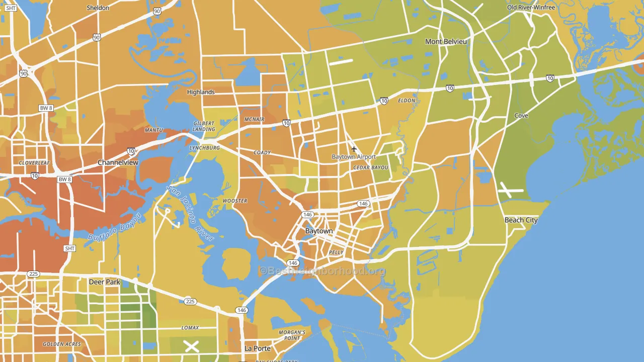Map of the best neighborhoods in the Baytown area, with better matches in green and worse matches in red