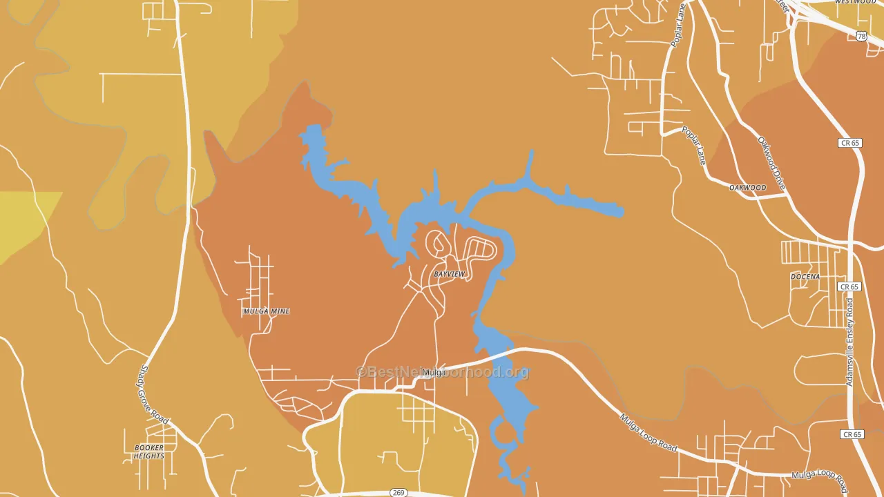 Map of the best neighborhoods in the Bayview area, with better matches in green and worse matches in red