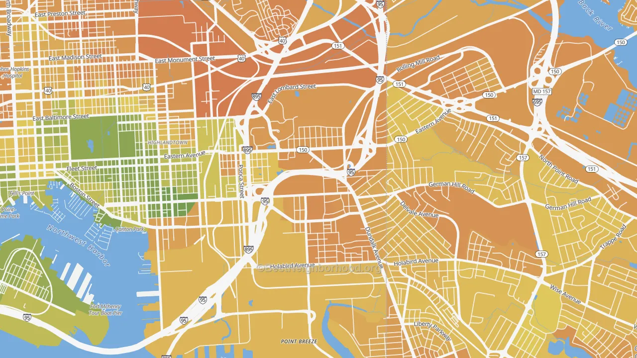 Map of the best neighborhoods in the Bayview Area, Baltimore area, with better matches in green and worse matches in red