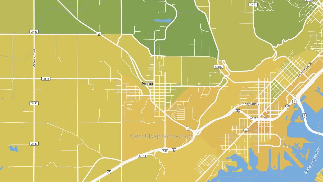 Map of the best neighborhoods in the Bayview Heights, Proctor area, with better matches in green and worse matches in red